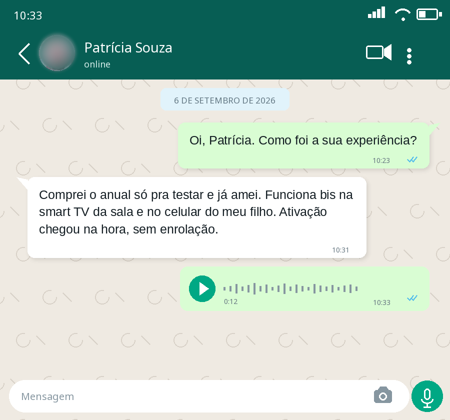 Captura da avaliação de Patrícia Souza no WhatsApp